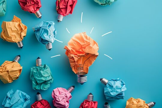 Orange crumpled paper light bulb shining among other colorful crumpled paper light bulbs on blue background
