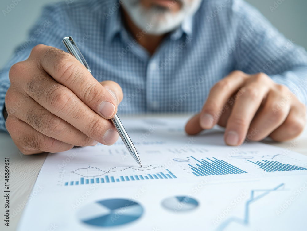 Poster analyzing data trends with charts and graphs for strategic insights