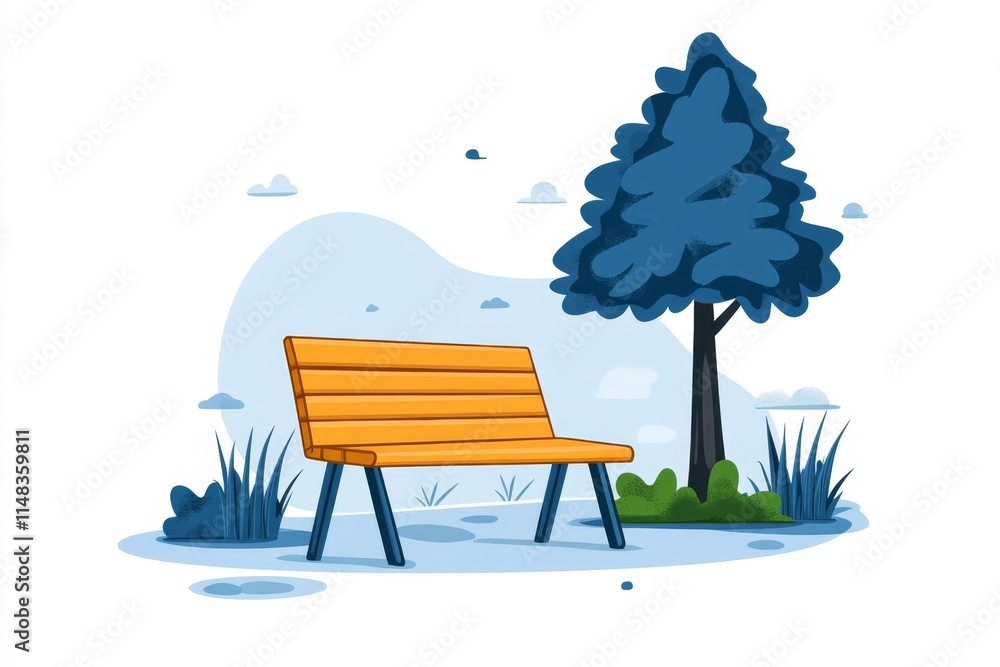 Poster a flat design of a garden bench under a single tree, with clean and modern landscaping elements