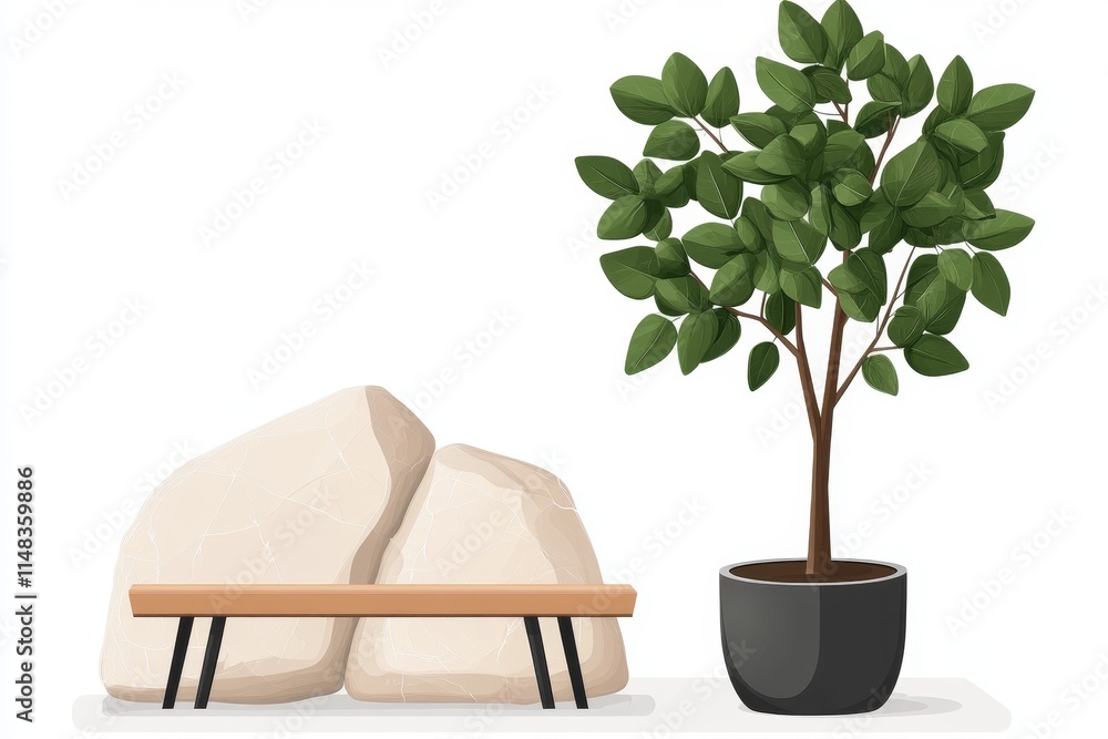 Poster a flat design of a garden bench under a single tree, with clean and modern landscaping elements