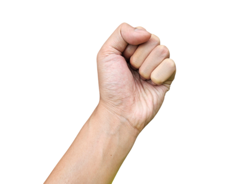 Left hand clenched into a fist, symbolizing strength, determination, and resilience isolated on white background, transparent PNG, cut out