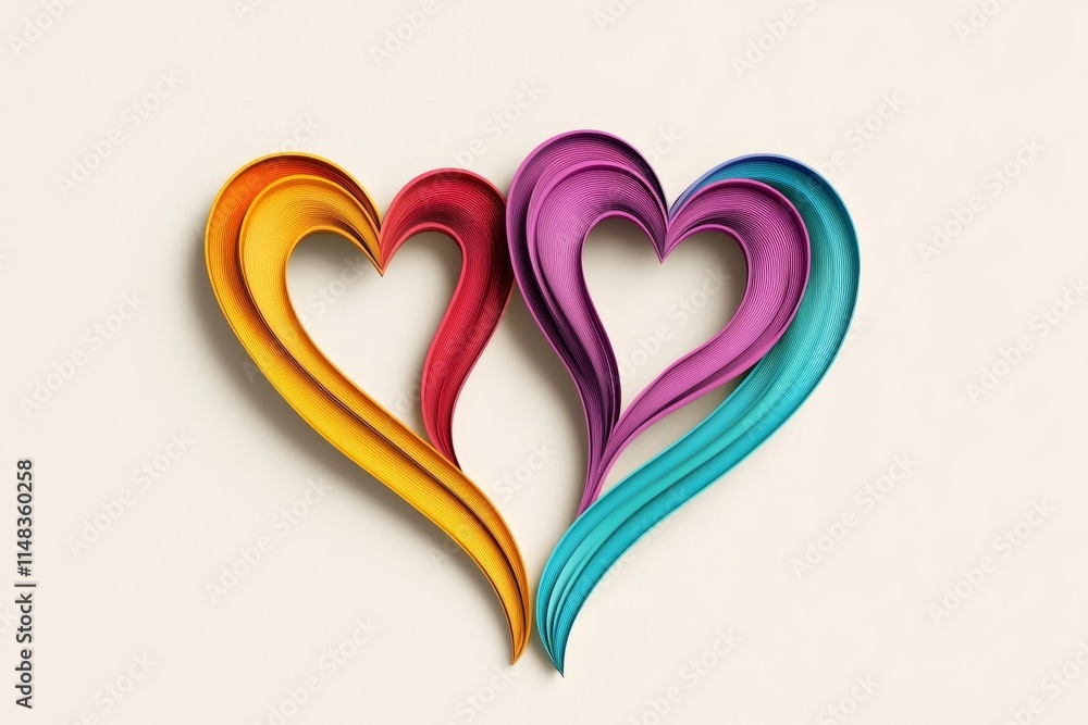 Poster A flat design of two overlapping hearts in rainbow colors, centered on a plain white canvas for a sleek and modern look