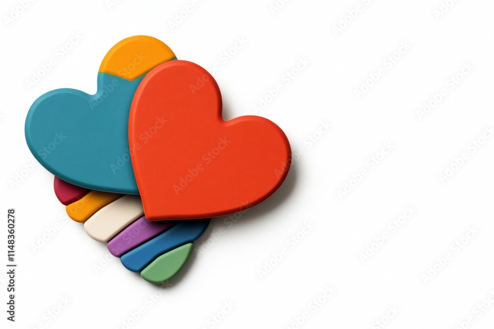 Poster A flat design of two overlapping hearts in rainbow colors, centered on a plain white canvas for a sleek and modern look