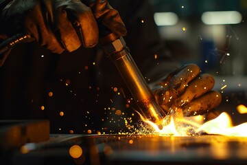 Worker using blowtorch welding metal and producing sparks in factory