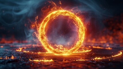 Fiery circular portal surrounded by flames with dramatic smoke effects in a dark environment
