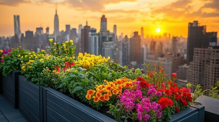 Fototapeta premium Stylish Rooftop Garden with Vibrant Flowers Overlooking Cityscape