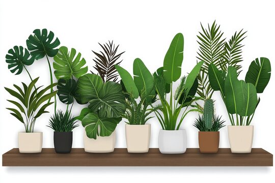 A flat design of a vertical garden on a white backdrop, featuring leafy plants and modern planters