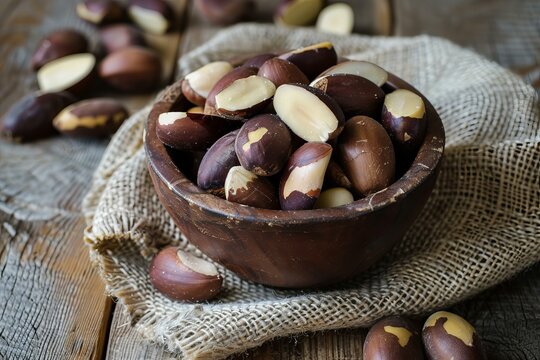 Dika nuts in a wooden bowl resting on rustic burlap