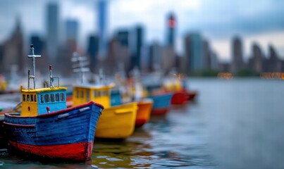 Obraz premium Colorful model boats docked near a city skyline during twilight.