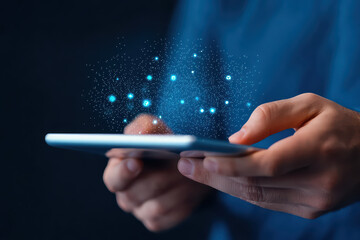 close up of professional using smartphone, showcasing digital effects and connectivity. image conveys innovation and technology