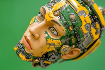 A futuristic concept art piece of a human head partially disassembled, with detailed gears and circuitry visible