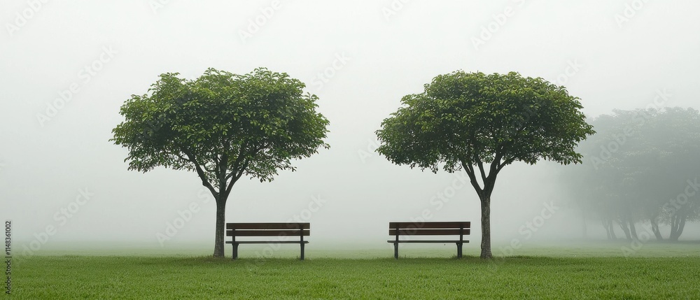 Aufkleber a serene, foggy scene featuring two trees and benches in a grassy field, creating a tranquil atmosph