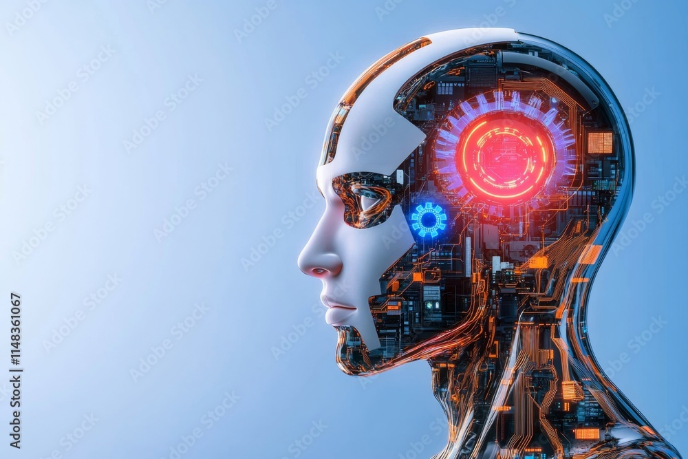 Poster a futuristic cybernetic head with glowing blue gears visible through transparent sections, represent