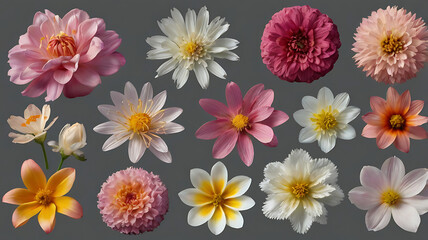 Obraz premium Set of various beautiful blooming flowers isolated on transparent background. Generative AI 
