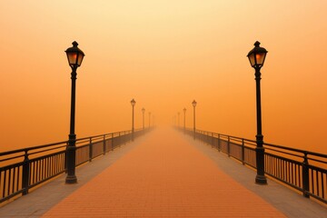 Obraz premium A serene, misty pier illuminated by vintage lamps, leading into an enchanting orange haze, evoking a peaceful and dreamlike atmosphere.
