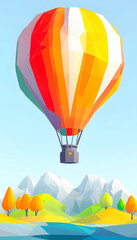 Obraz premium Colorful low-poly hot air balloon soaring over autumnal mountain landscape; travel, adventure, freedom concept.