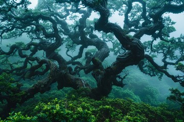 Obraz premium Twisted ancient trees shrouded in mist reveal the beauty of a foggy forest landscape