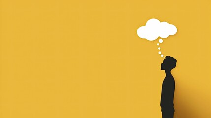 Man pondering in front of blank wall with thought bubble above head, contemplating the unknown.