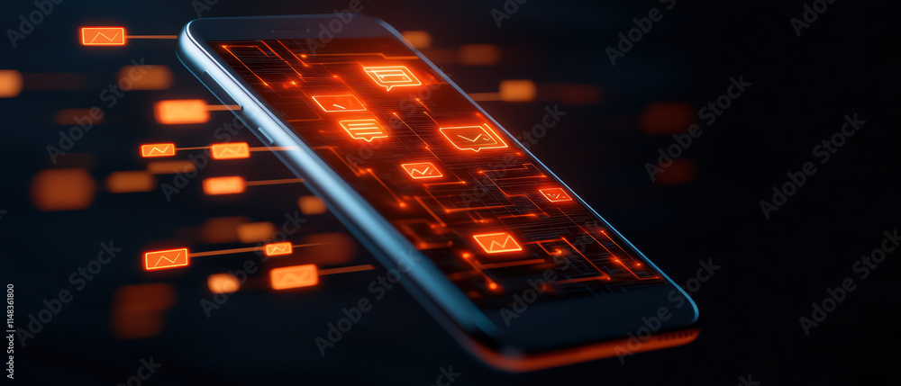 Poster close up of smartphone displaying futuristic interface with glowing icons, showcasing advanced techn