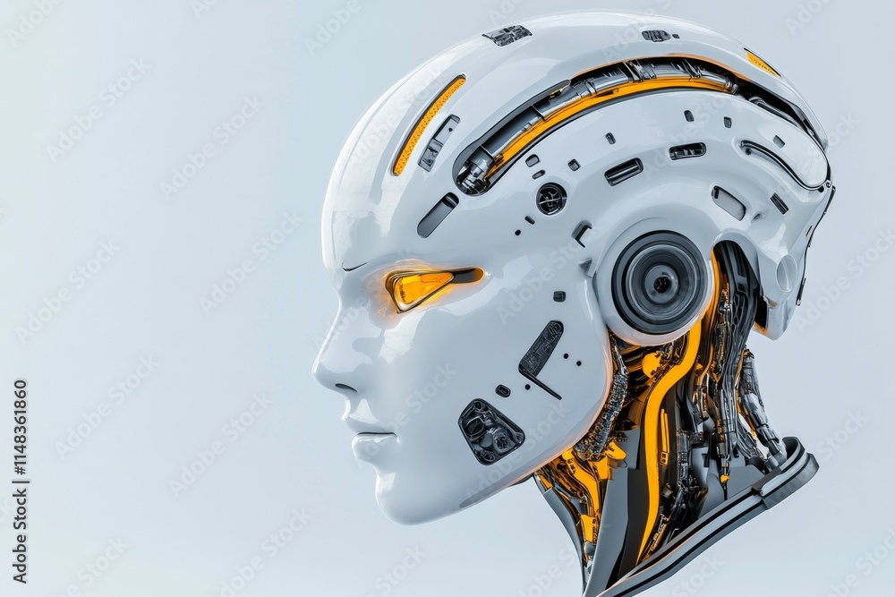 Poster a futuristic robot head with sleek silver panels and glowing gears visible beneath the surface, set 