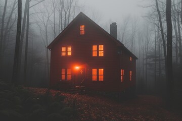 Evening glow from a cabin in the woods surrounded by fog on a quiet night in autumn