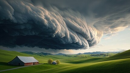 A dramatic landscape featuring a stormy sky swirling over lush green fields and a rustic barn, capturing the beauty and power of nature.