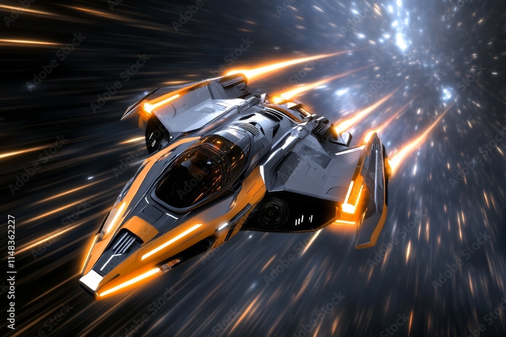 Poster a futuristic spaceship flying through the center of a glowing galaxy, its engines leaving a trail of