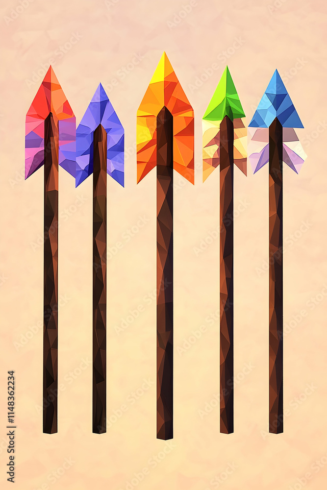 Poster colorful polygon arrows on textured background; game asset, design element.