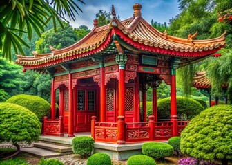 Fototapeta premium Stunning Chinese Garden Pavilion Red Doors Photography - High Resolution Stock Images