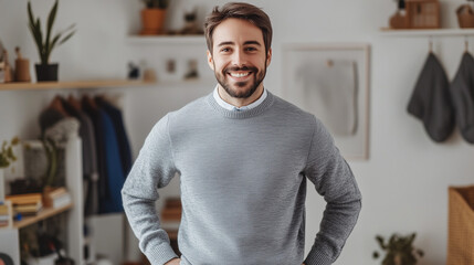 Fototapeta premium Smiling young man in a cozy home interior with modern decor and a cheerful demeanor