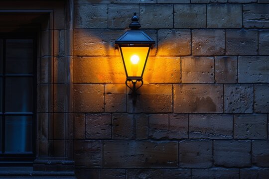 Elegant vintage street lamp illuminating stone wall at dusk in an old European city - Powered by Adobe