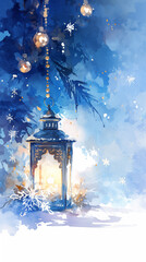 background with christmas lanternes, snowflakes, decorations, watercolor illustration, pastel colors,