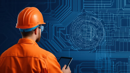 technician in orange safety uniform and helmet uses tablet, surrounded by digital circuit patterns, showcasing modern technology