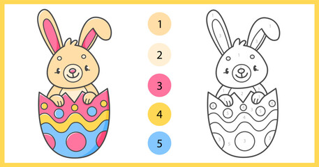 Color by numbers coloring book for kids with cute rabbit in the Easter egg. Coloring page with cartoon bunny with an example for coloring. Black and white and color versions. Vector illustration.