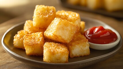 Crispy Golden Tater Tots Served on a Plate with a Side of Ketchup for a Classic Snack or Side Dish