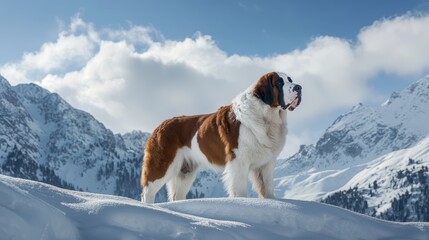 Loyal Saint Bernard in Snowy Mountains