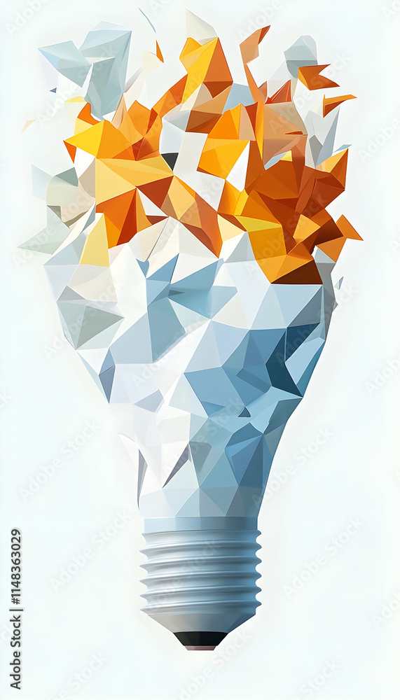 Poster exploding low-poly lightbulb idea; innovation concept; abstract background; marketing.