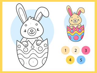 Color by numbers coloring book for kids with cute rabbit in the Easter egg. Coloring page with cartoon bunny with an example for coloring. Black and white and color versions. Vector illustration.