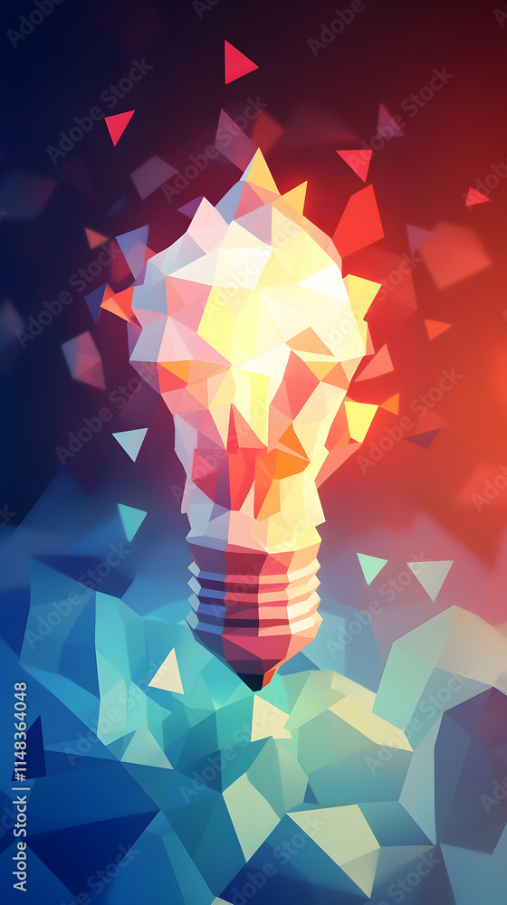 Poster geometric lightbulb glows with polygon shapes in a digital background, suitable for technology or in
