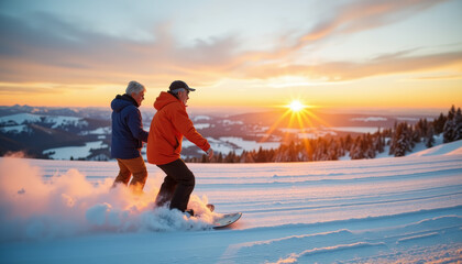 Fototapeta premium Snowboarders over 60 enjoy a stunning sunset on the slopes in a winter wonderland surrounded by mountains