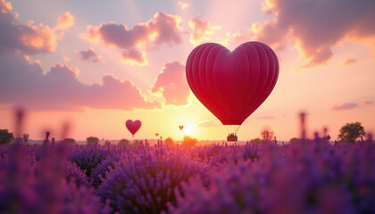 Fototapeta premium Heart-shaped hot air balloon over lavender field at sunset
