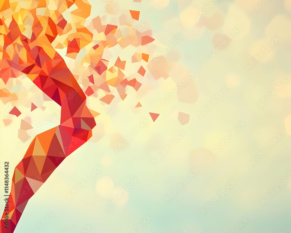 Poster geometric orange figure in motion with bokeh background for design.