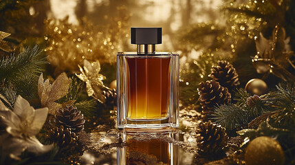 a luxurious, holiday-themed scene featuring an elegant perfume bottle surrounded by festive 