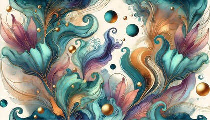 A vibrant watercolor pattern featuring abstract shapes and organic forms in shades of teal, gold, and purple, with fluid, flowing lines that represent creativity and transformation.