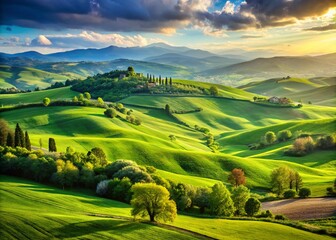 Naklejka premium Stunning Italian Green Hills Landscape Photography: Tuscan Countryside Scenery, Rolling Hills, Fields, Meadows, Nature