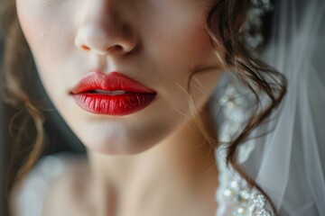 Fototapeta premium Bride showing red lipstick and veil getting ready for wedding day
