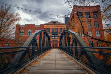 Naklejka premium Pedestrian bridge leading to historic brick buildings in autumn