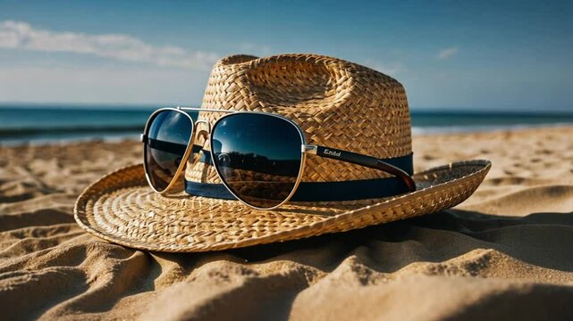 Summer time vacation concept. Straw hat, seashells on the sand beach and sea background. Travel