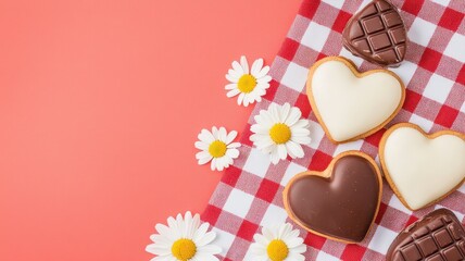 Obraz premium Valentine's Day flat lay with chocolates and flowers concept. Colorful heart-shaped cookies on a checkered cloth with daisies against a peach background, evoking a warm, cheerful atmosphere.