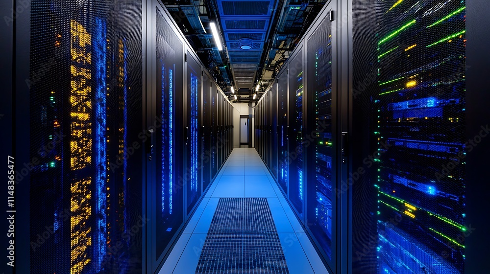 Poster data center with servers.